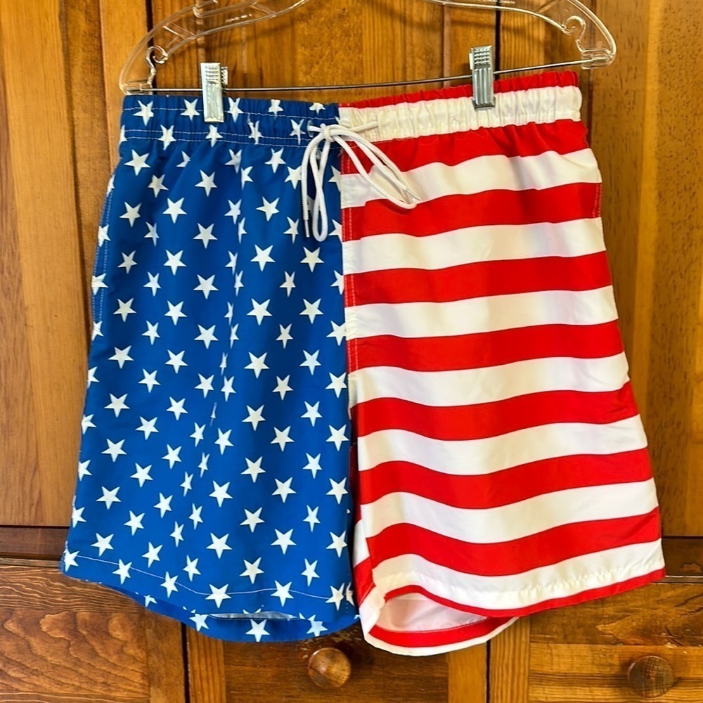 Shein Stars and Stripes Red, White, Blue Flag Mesh Lined Swim Trunks Medium